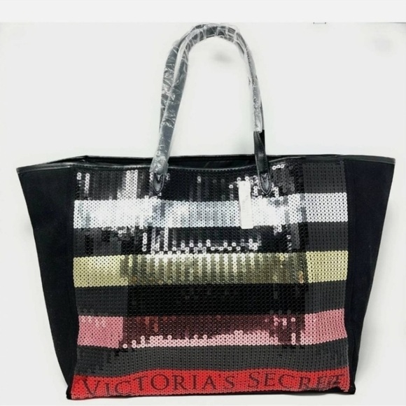 Nwt VICTORIA'S SECRET STRIPED SEQUIN BLACK PINK RED LOGO TOTE - Picture 8 of 13